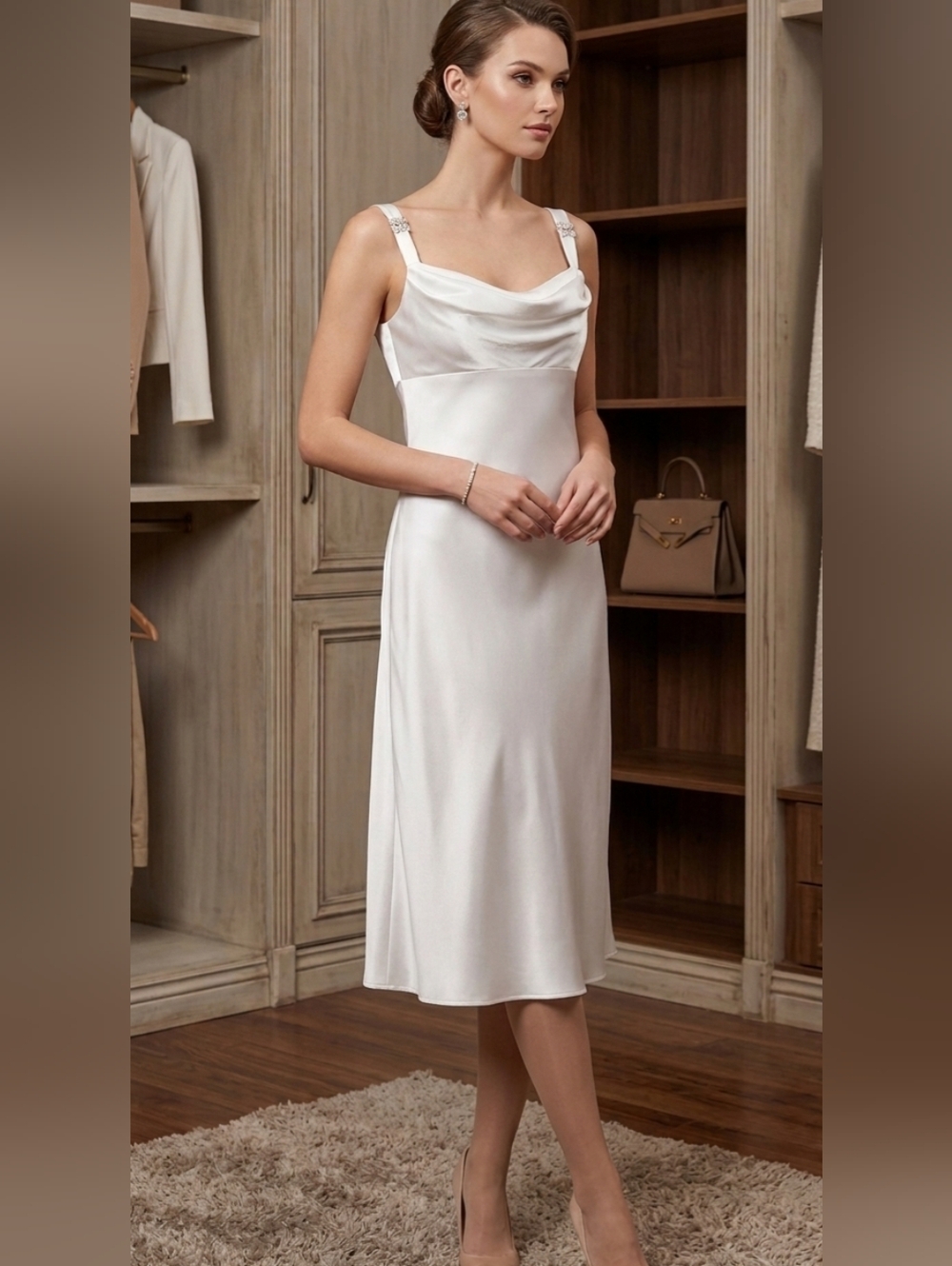 Vintage Eureka USA White Satin Cowl Neck Midi Dress - Y2K Bridal Slip